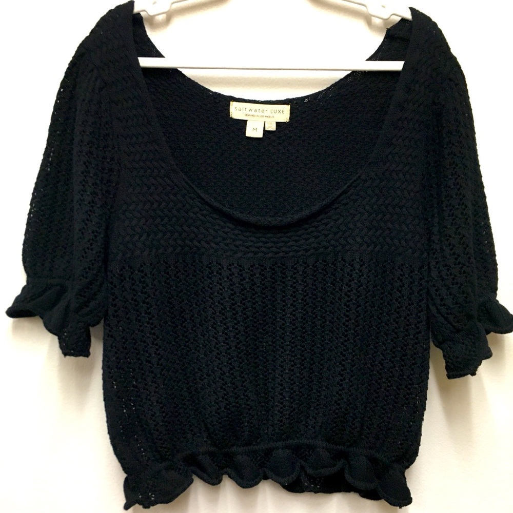 Saltwater Luxe Crochet Short Sleeve Blouse 100% Cotton Medium Black Stretch